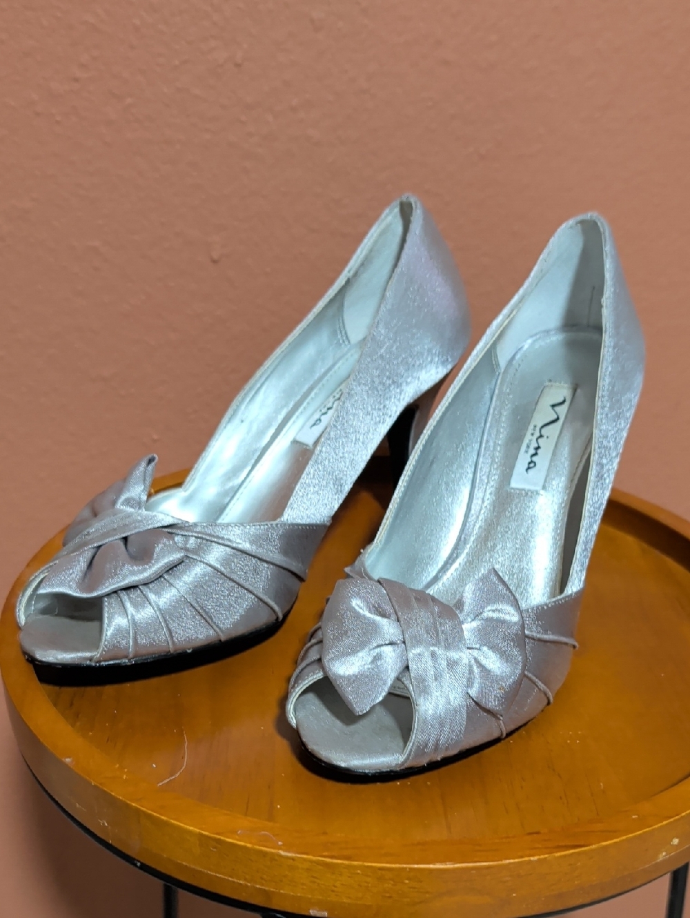 Nina Silver Satin Peep-Toe Heels with Bow Accent